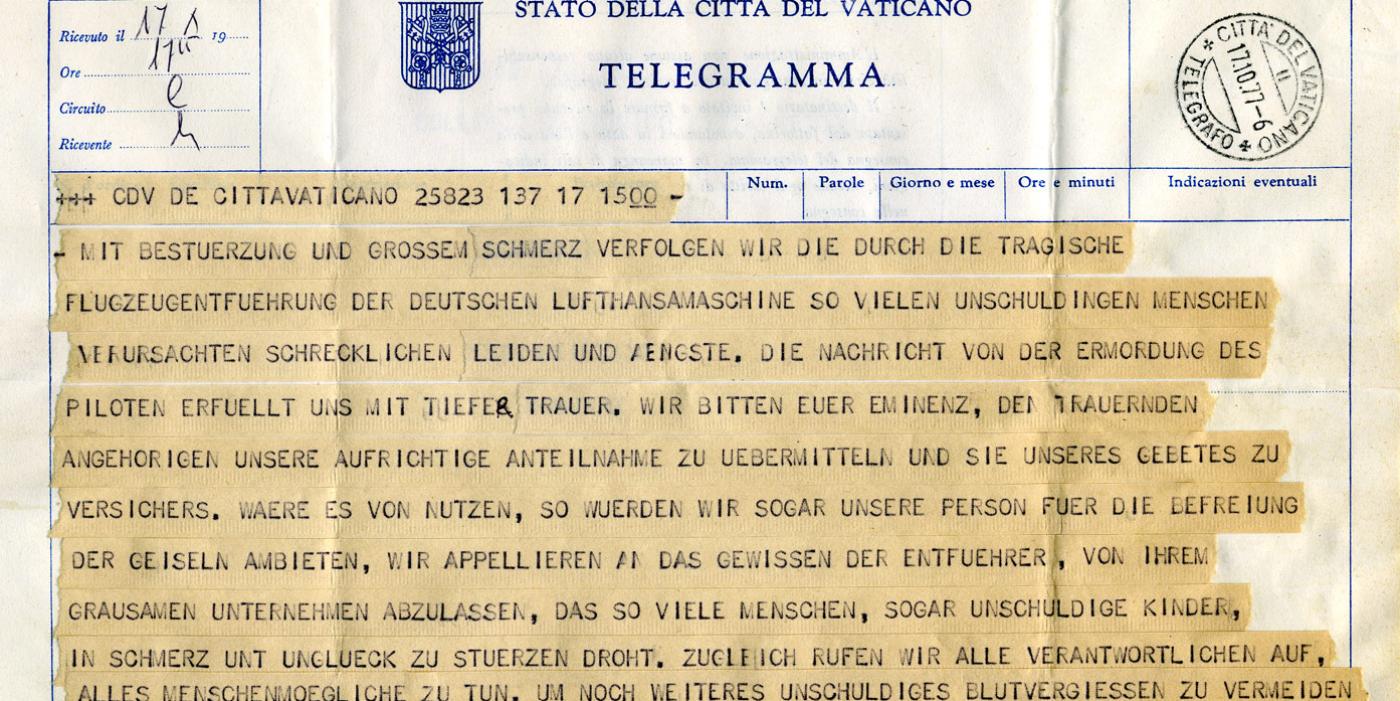 Telegramm zur Landshut-Entführung von Papst Paul VI.