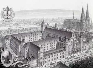 Ehemaliges Jesuitenkolleg an der Marzellenstraße, seit 1827 Priesterseminar. Ansicht über die Gesamtanlage aus der Vogelschau. Stahlstich von 1897