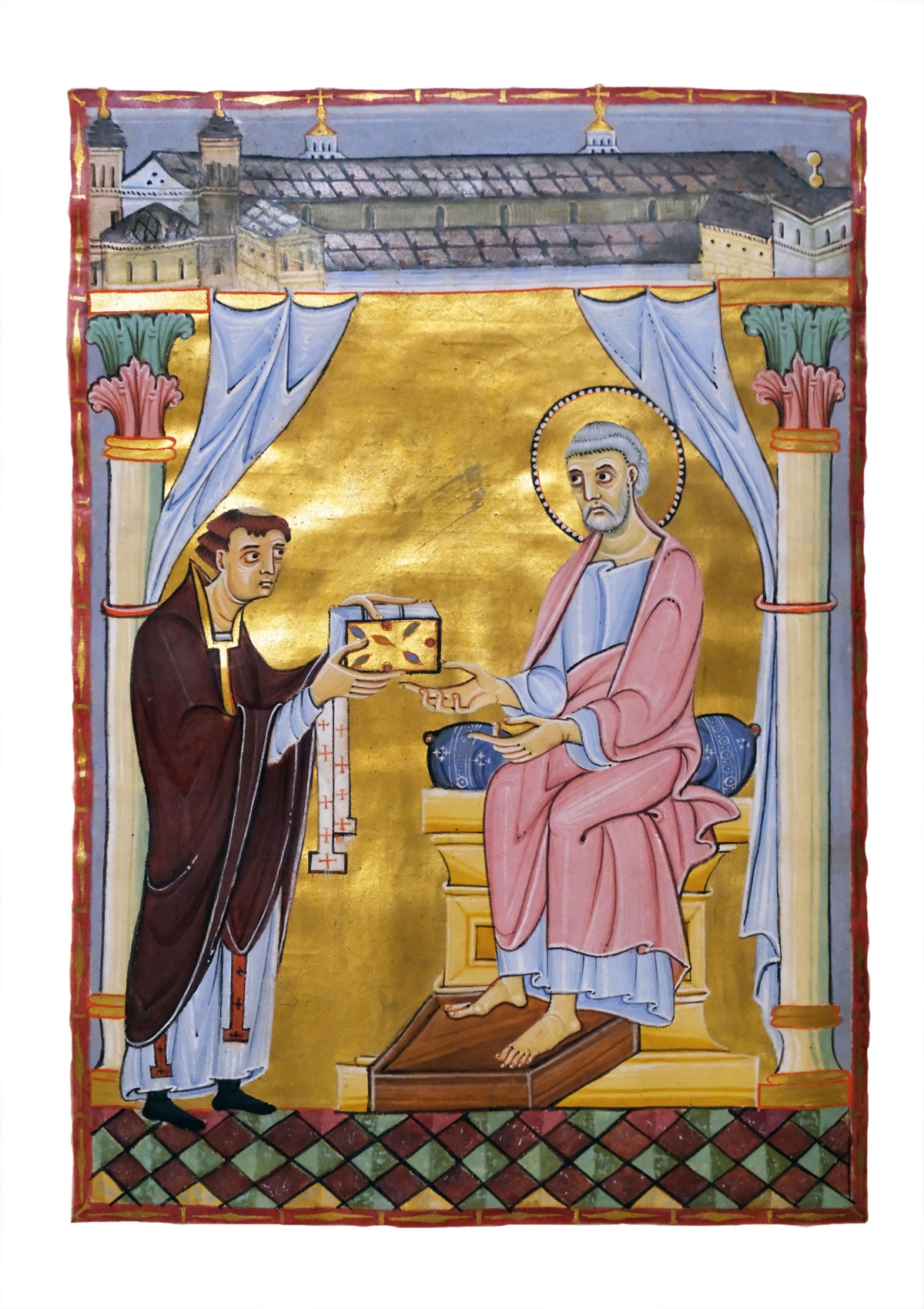 Das Widmungsblatt des Codex zeigt den Domherrn Hillinus bei der Übergabe des von ihm gestifteten kostbaren Buches an den heiligen Petrus, den Patron des Doms. Oben sieht man eine Darstellung des „Alten Doms“, des Vorgängerbaus der heutigen Kathedrale.