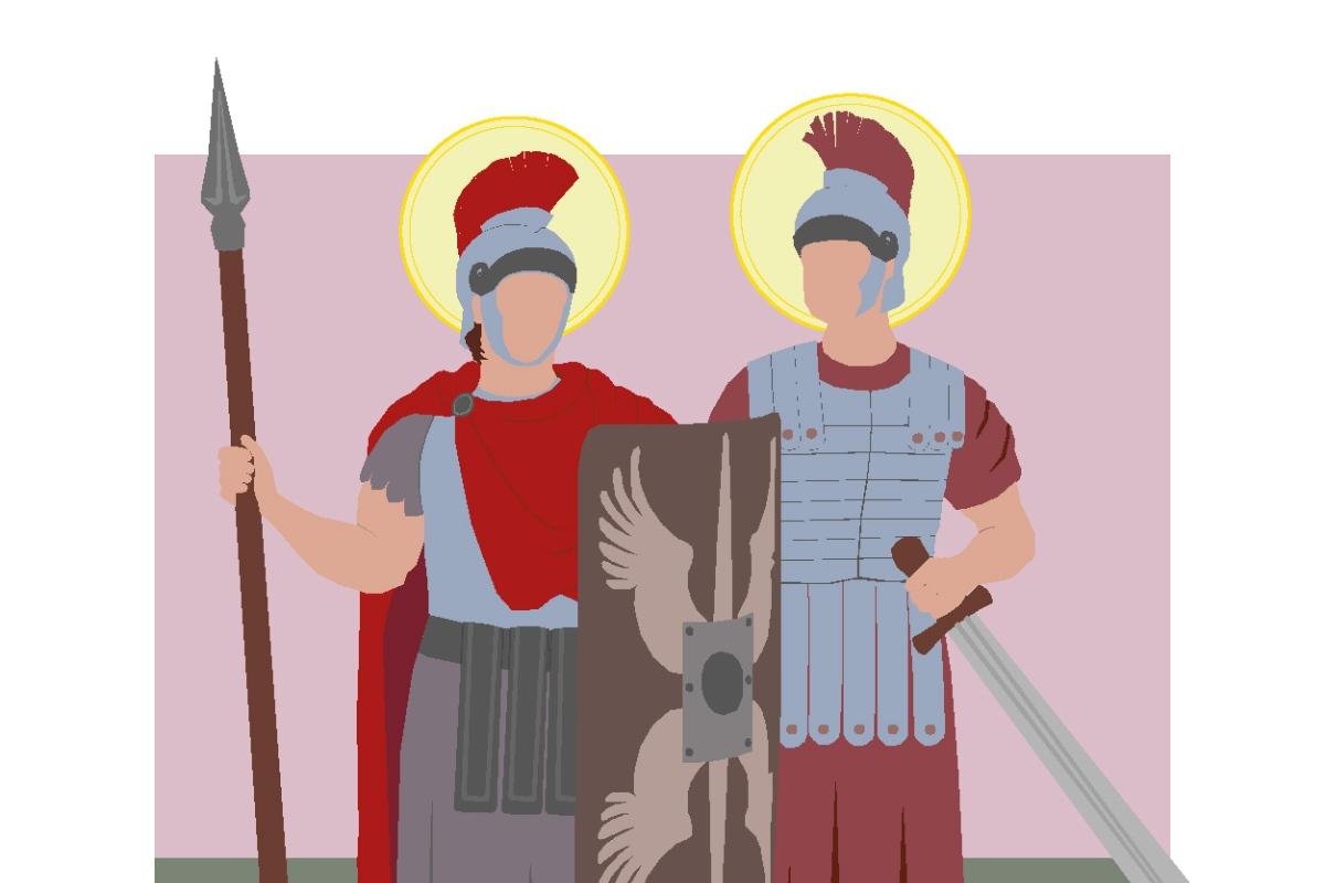 Eine Grafik zeigt die Heiligen Cassius und Florentius als Soldaten.
