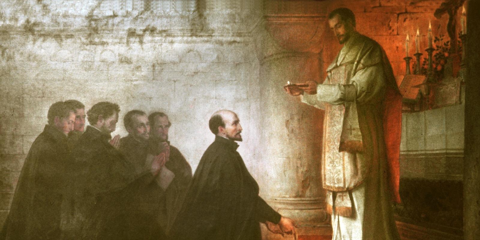 Fest- und Gedenktage Juli 1998..31. Juli Ignatius von Loyola..Bild: Gelübdefeier im Montmartre (Paris), 1534 / Gemälde von Konrad Baumeister (1881)