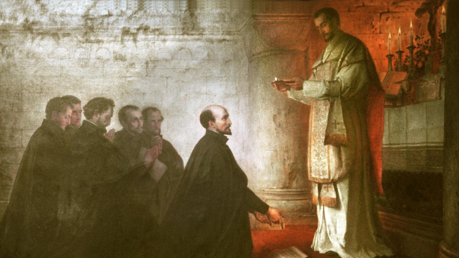 Fest- und Gedenktage Juli 1998..31. Juli Ignatius von Loyola..Bild: Gelübdefeier im Montmartre (Paris), 1534 / Gemälde von Konrad Baumeister (1881)