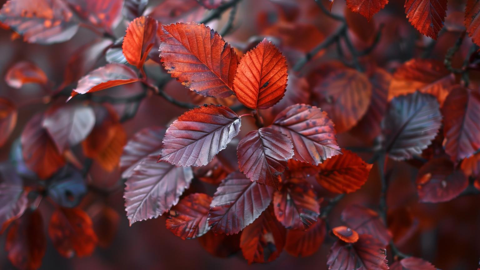 Ein Foto zeigt die roten Blätter einer Purpurbuche in Nahaufnahme.