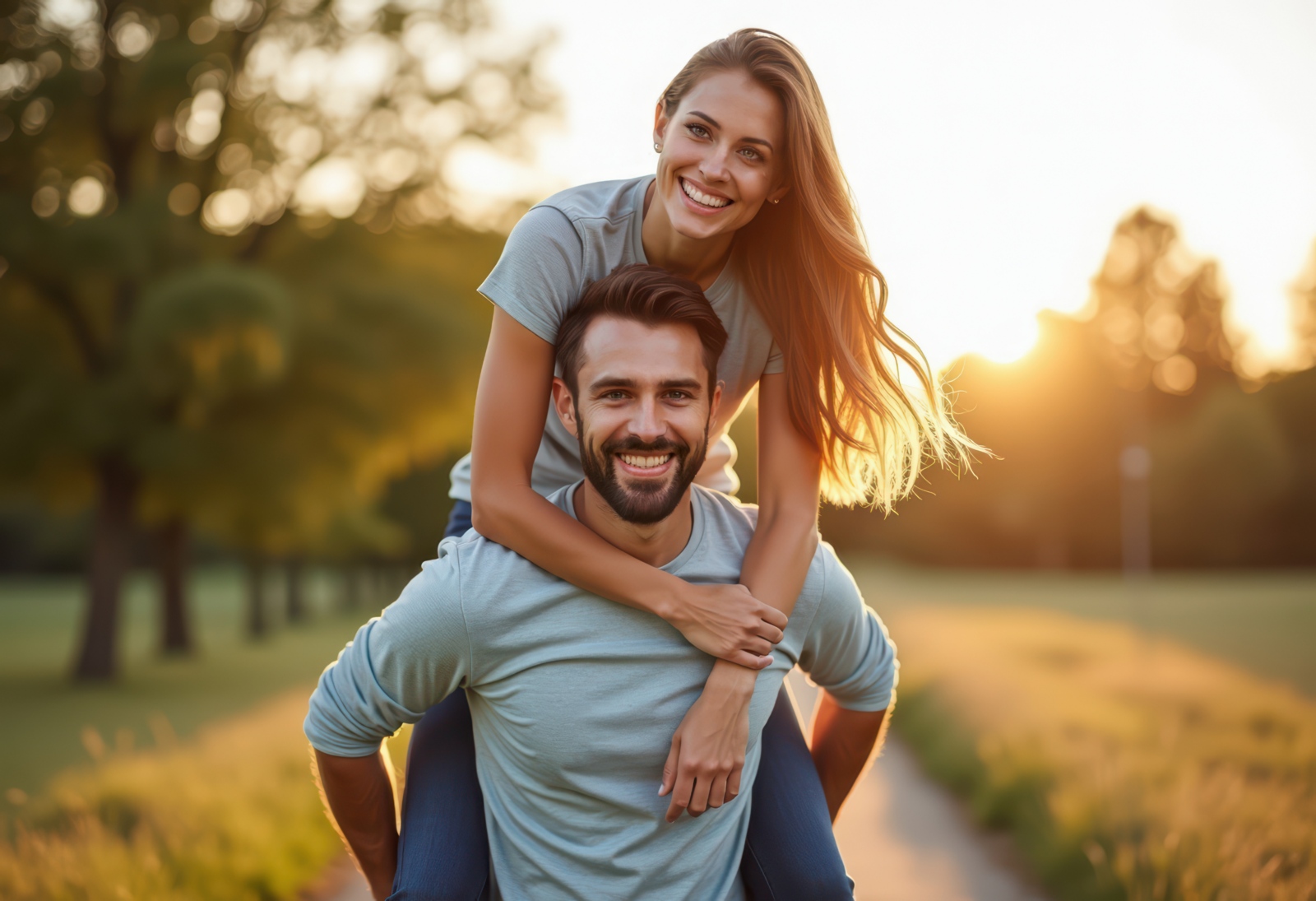 Joyful young couple enjoying a piggyback ride in a sunlit park setting.