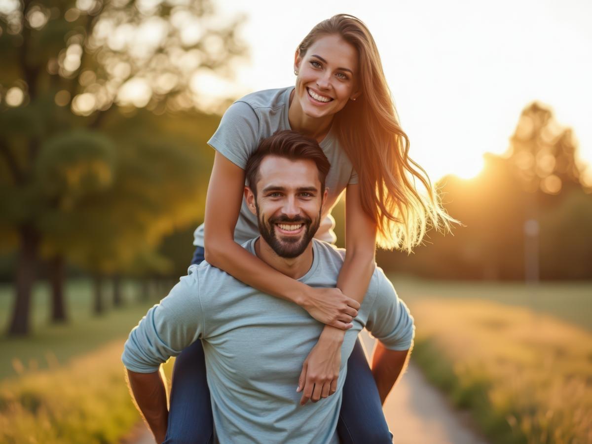 Joyful young couple enjoying a piggyback ride in a sunlit park setting.