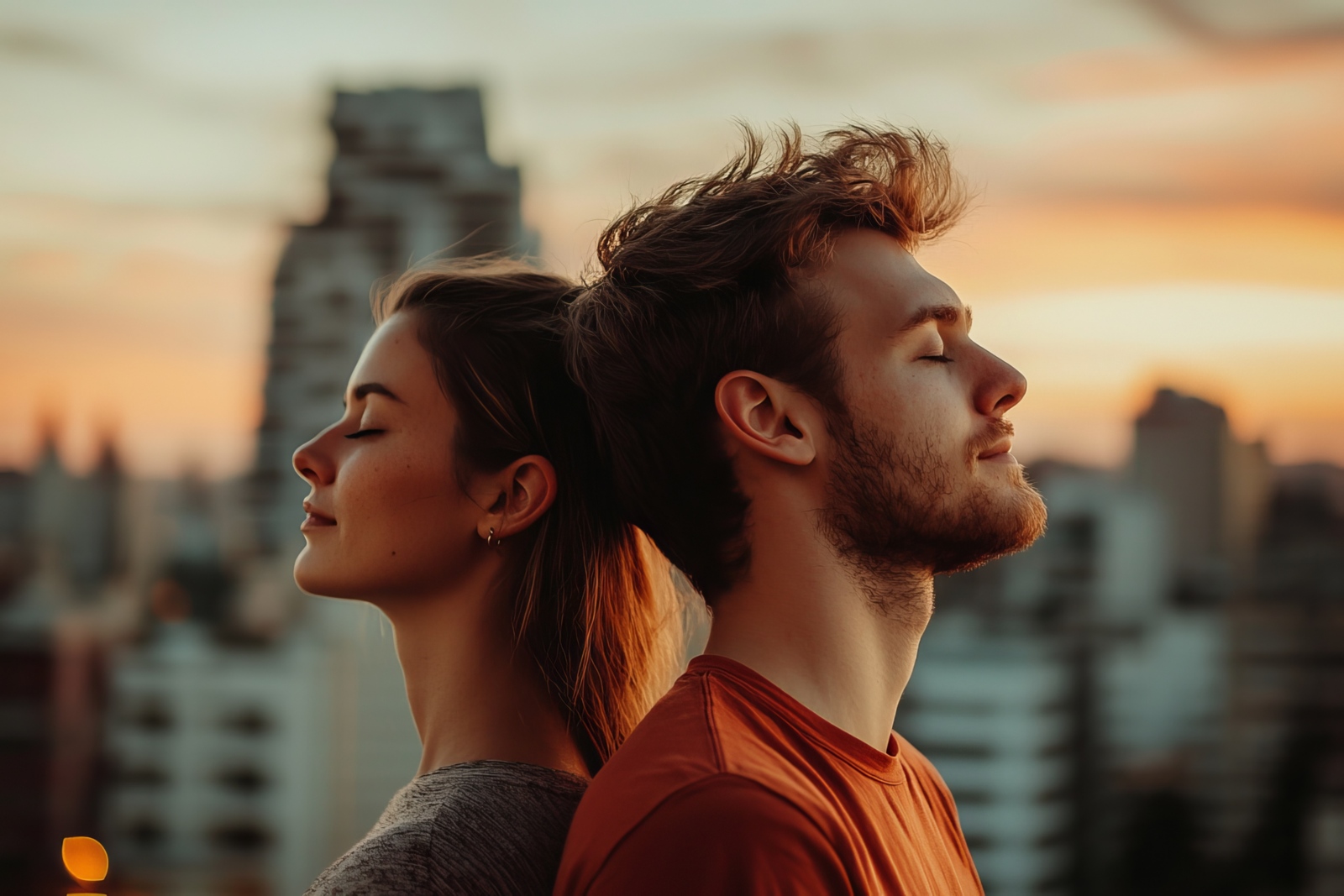 Couple in a relaxed state breathing fresh air with an urban backdrop
