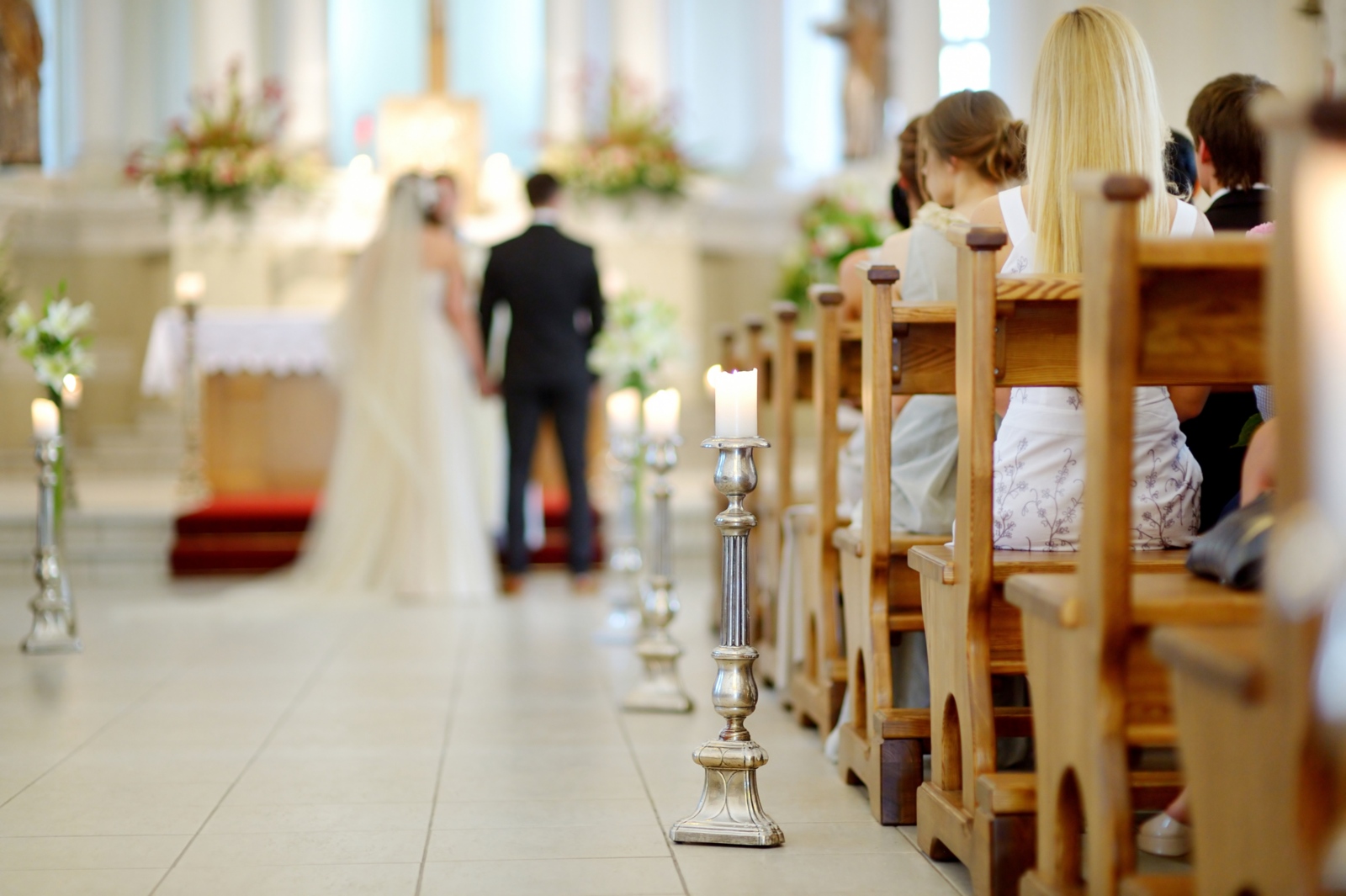 Beautiful candle wedding decoration in a church
